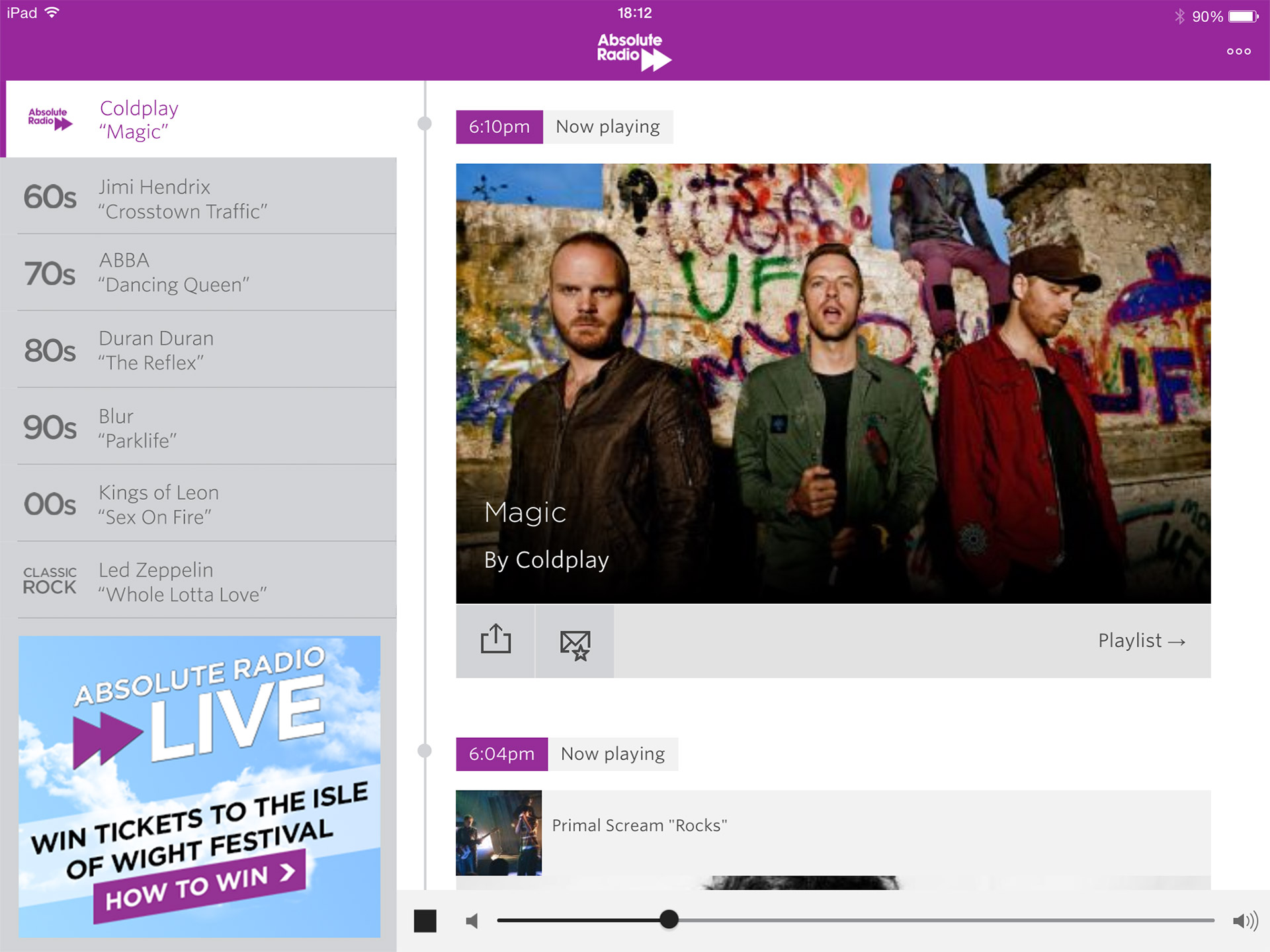 Absolute Radio Player iPad now playing screenshot