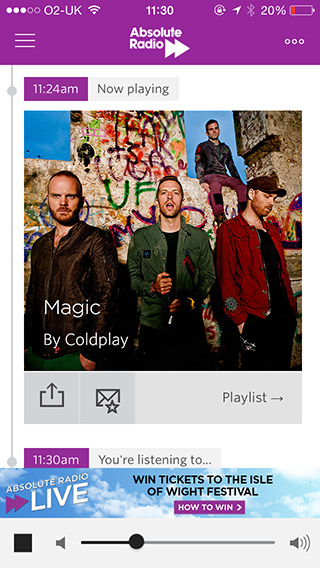 Absolute Radio Player iPhone now playing screenshot
