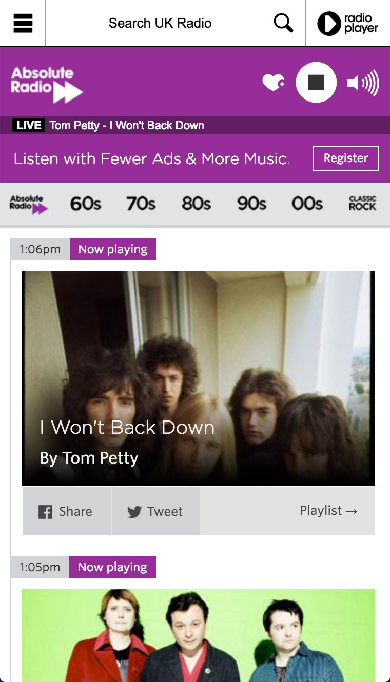 Absolute Radio Player now playing screenshot