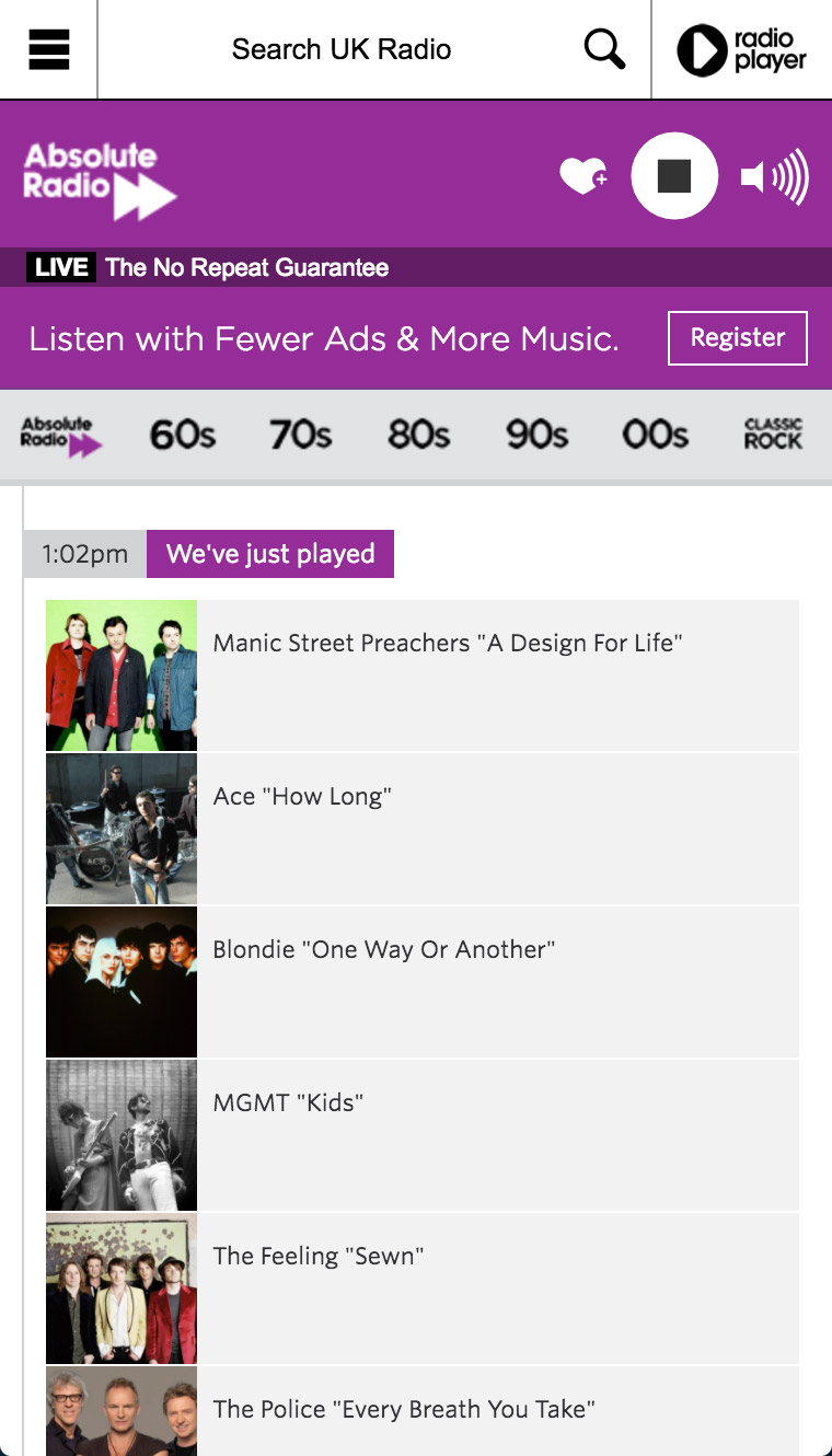 Absolute Radio Player recently played screenshot