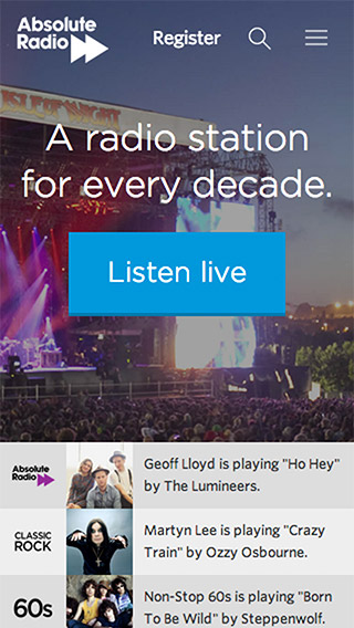 Absolute Radio responsive homepage screenshot