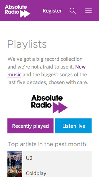 Absolute Radio responsive playlist screenshot