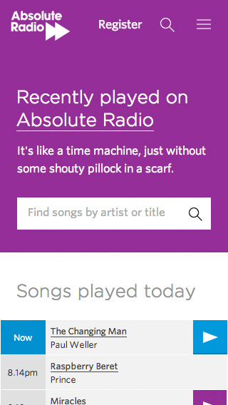 Absolute Radio responsive playlist screenshot