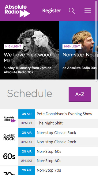Absolute Radio responsive schedule screenshot