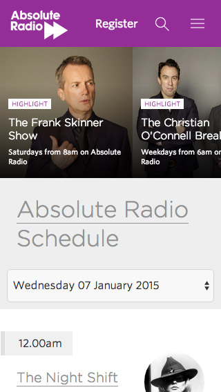 Absolute Radio responsive schedule screenshot