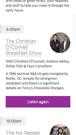 Absolute Radio responsive schedule screenshot