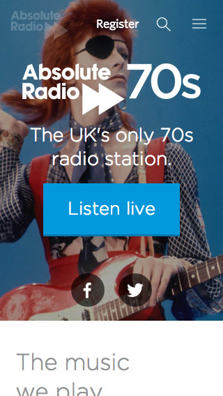 Absolute Radio 70s responsive homepage screenshot