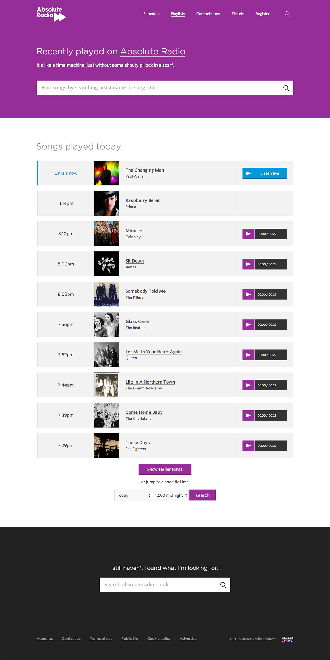 Absolute Radio recently played list screenshot