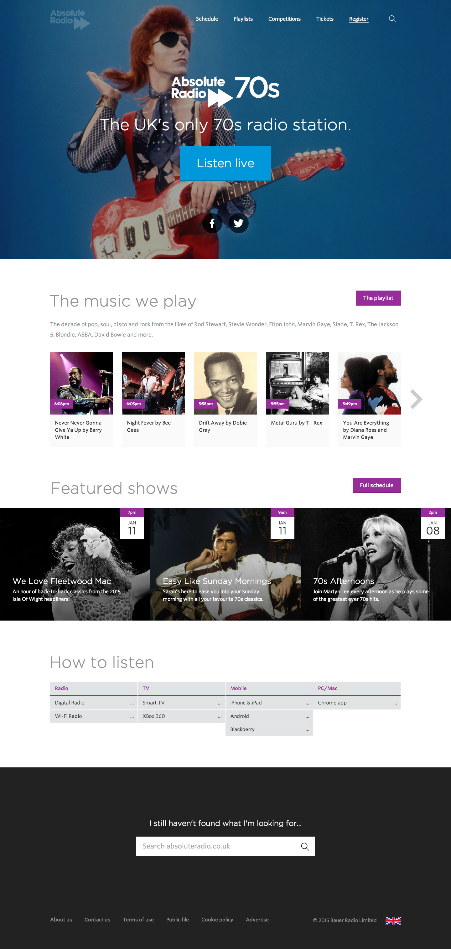 Absolute Radio 70s homepage screenshot