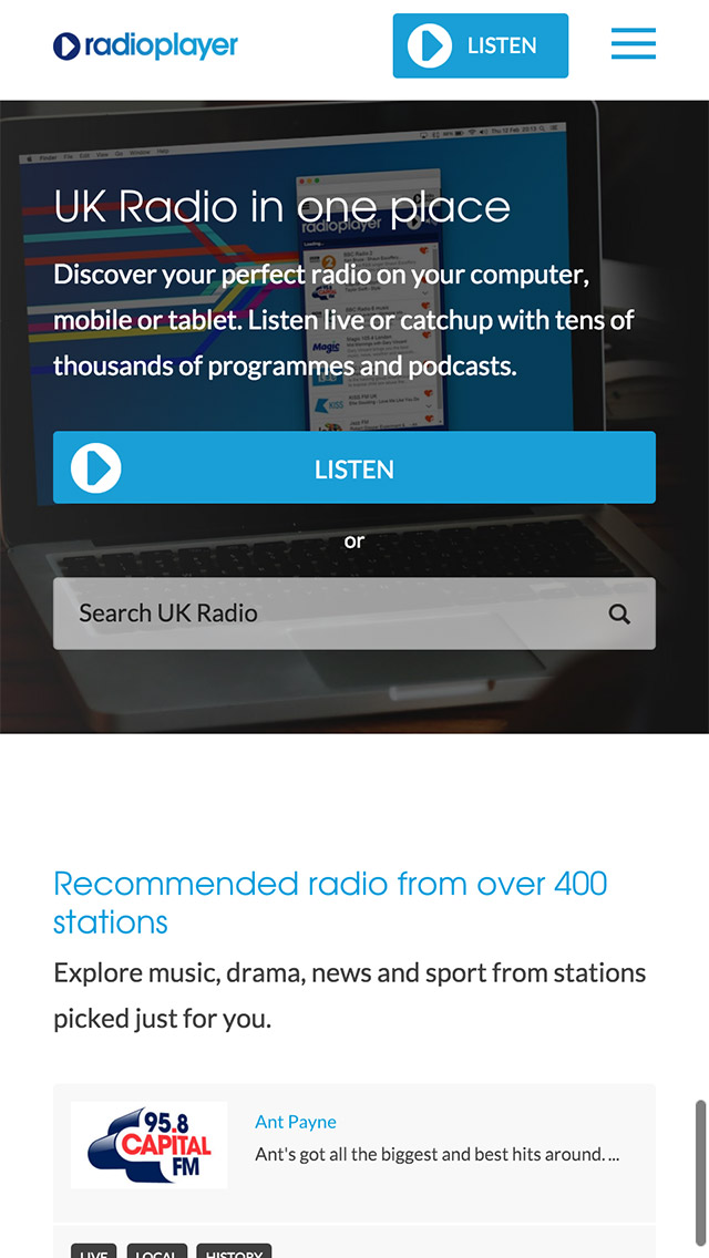 Radioplayer responsive homepage screenshot