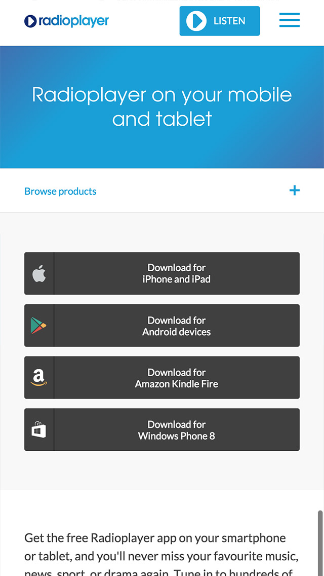 Radioplayer responsive products page screenshot