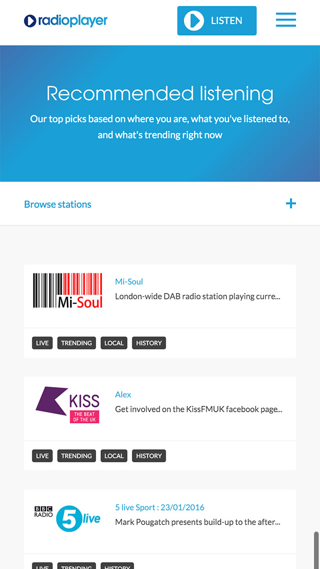 Radioplayer responsive recommended page screenshot