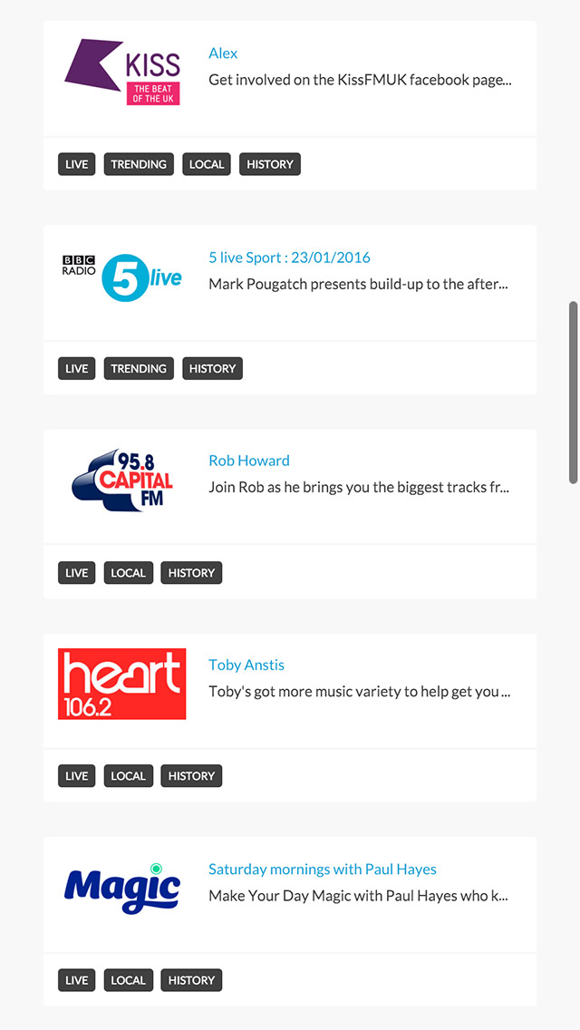 Radioplayer responsive recommended page screenshot