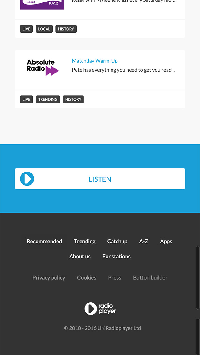 Radioplayer responsive recommended page screenshot